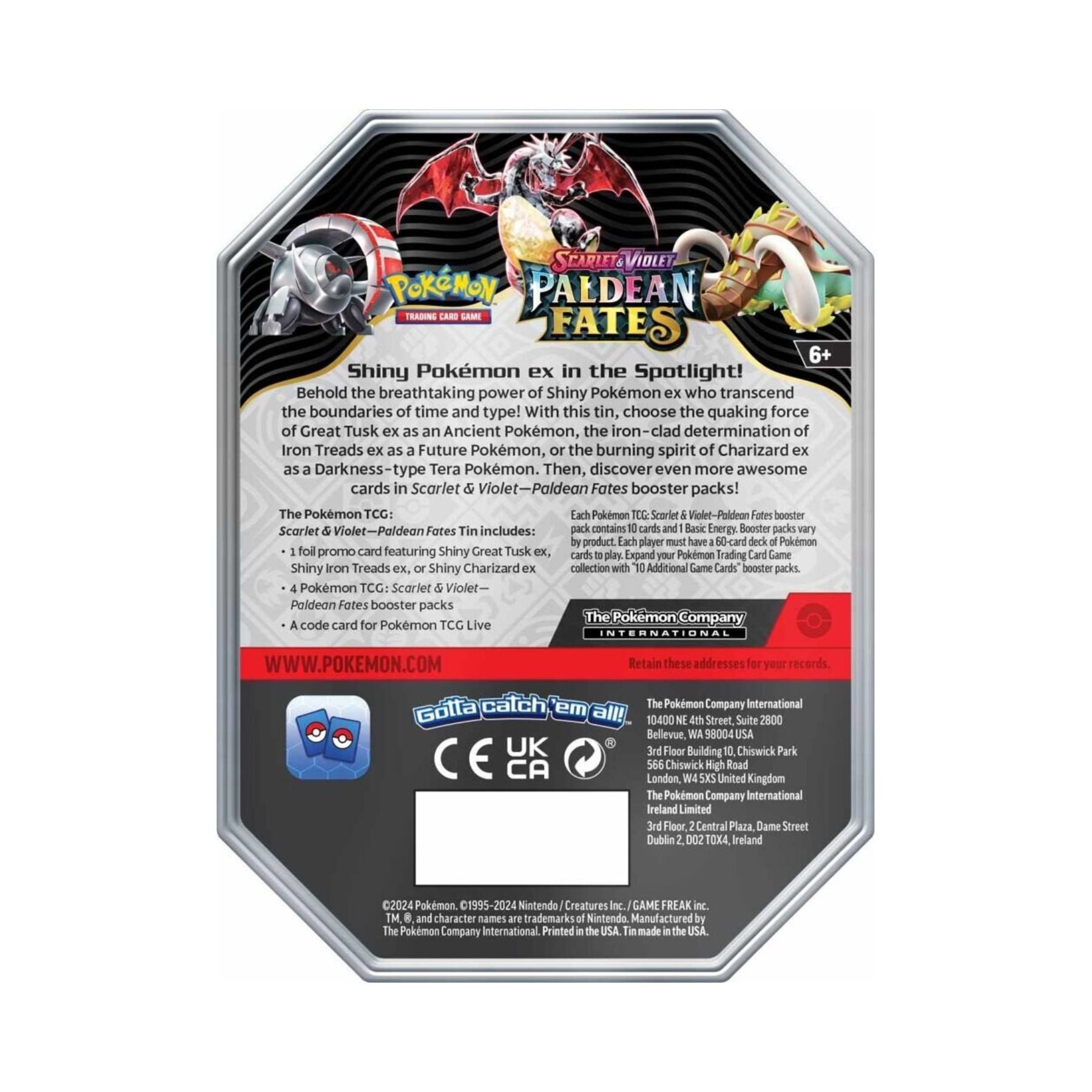 Pokemon Paldean Fates Iron Treads EX Tin backside